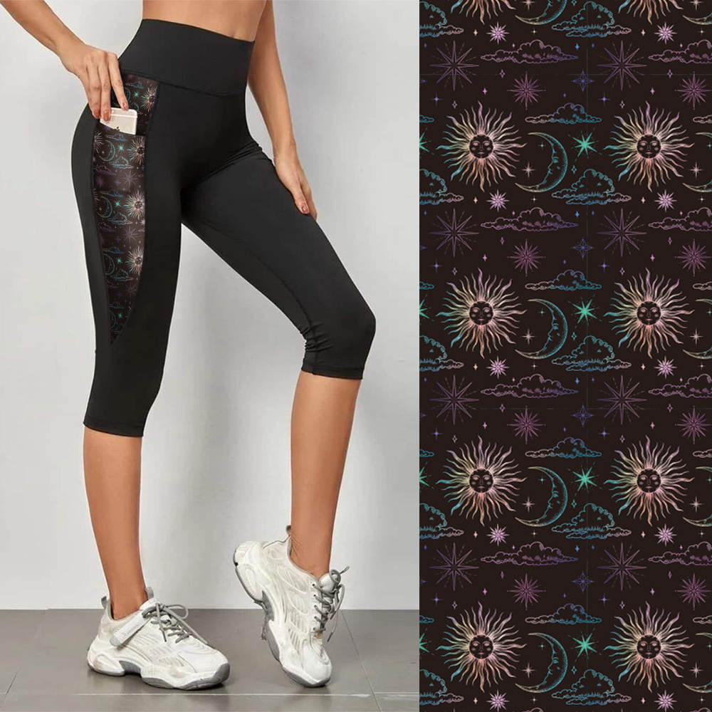 Black Leggings w/ Patterned Pockets - Sun & Moon