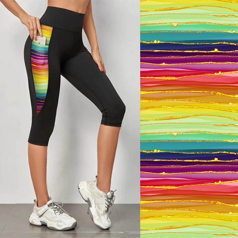 Black Leggings w/ Patterned Pockets - Rainbow Gold
