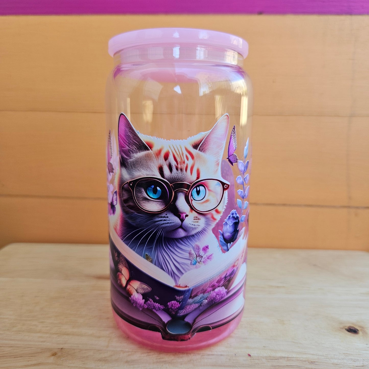 Cats & Book Pink Ombre Glass Tumbler - 16oz