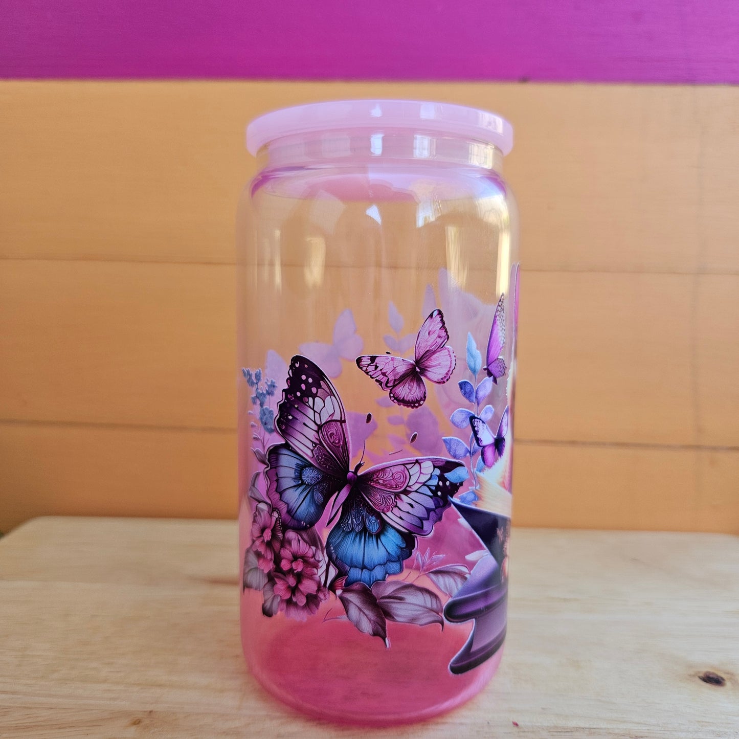 Cats & Book Pink Ombre Glass Tumbler - 16oz