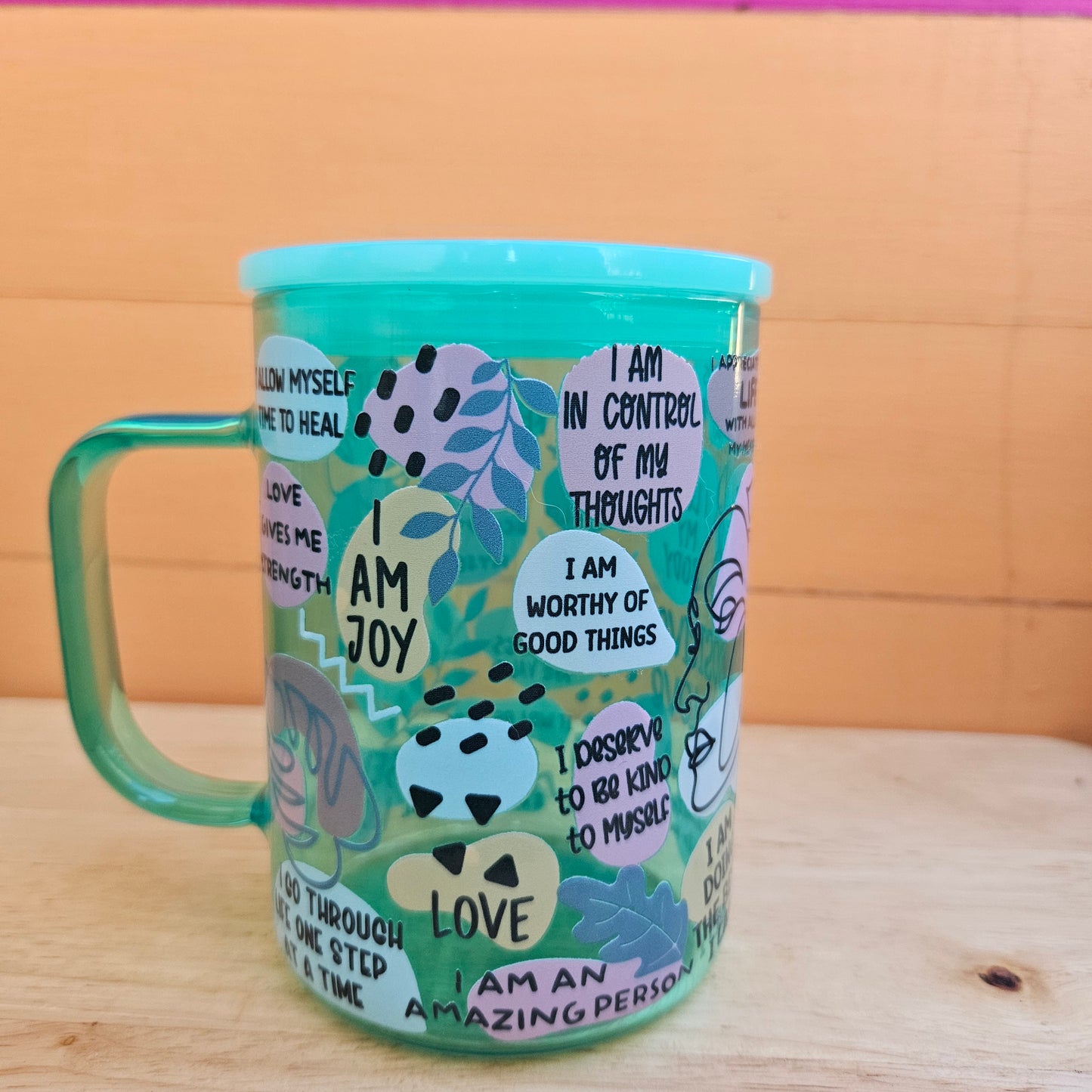 Positive Self Love Green Ombre Glass Mug - 16oz