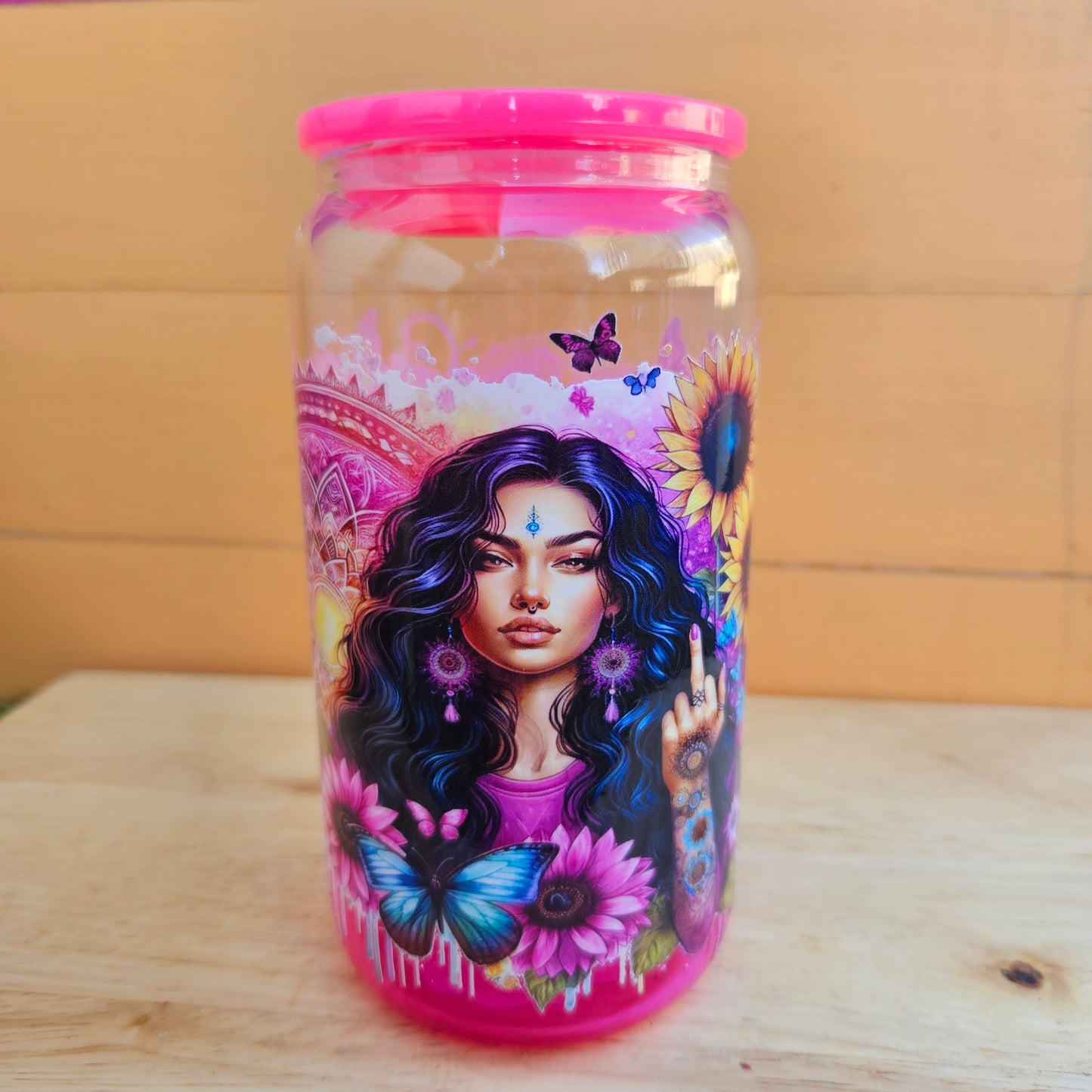 Sunflower & Mandala Finger Pink Ombre Glass Tumbler - 16oz