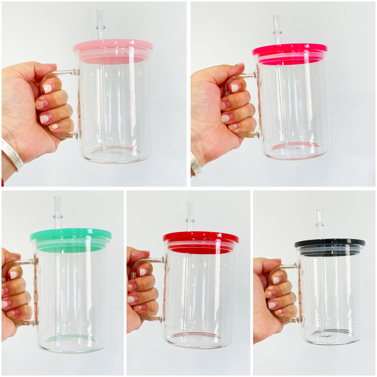 Glass Mugs with Handle & Coloured Lids - 17oz