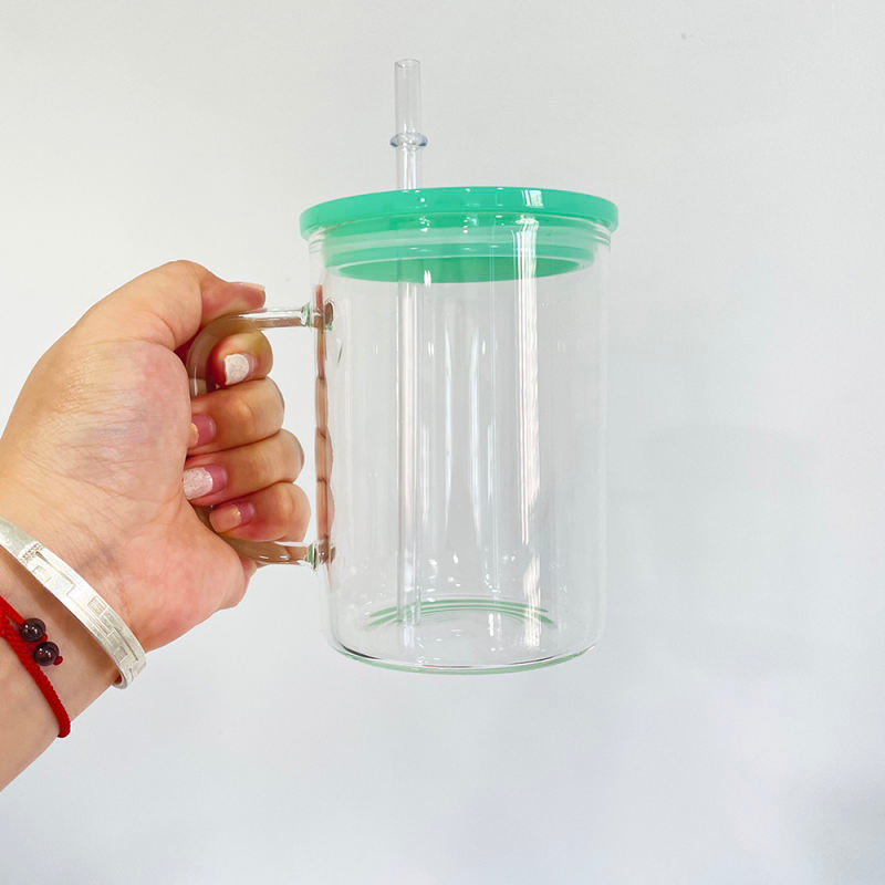 Glass Mugs with Handle & Coloured Lids - 17oz
