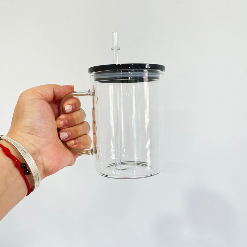 Glass Mugs with Handle & Coloured Lids - 17oz