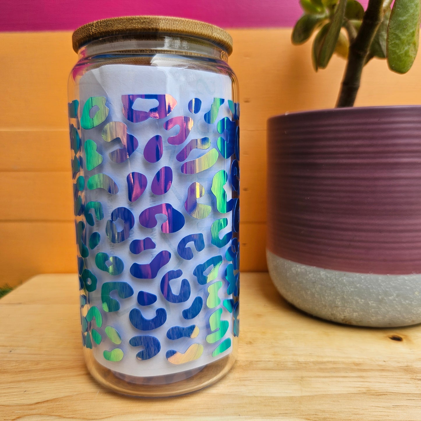 Iridescent Blue Leopard Glass Tumbler - 16oz