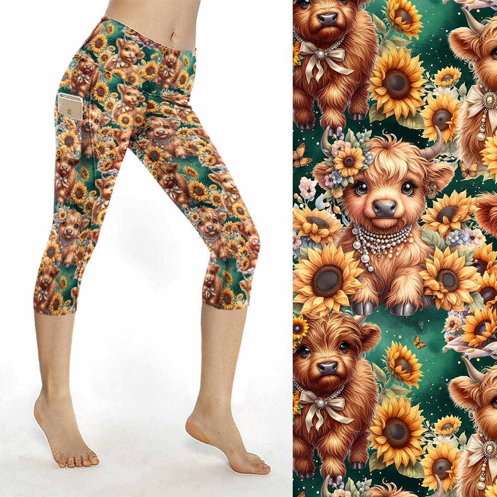 Highland Cows & Sunflowers Capri Leggings