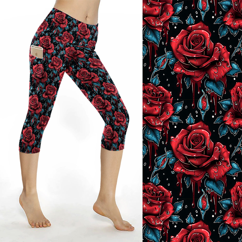 Rose Drip Art Capri Leggings