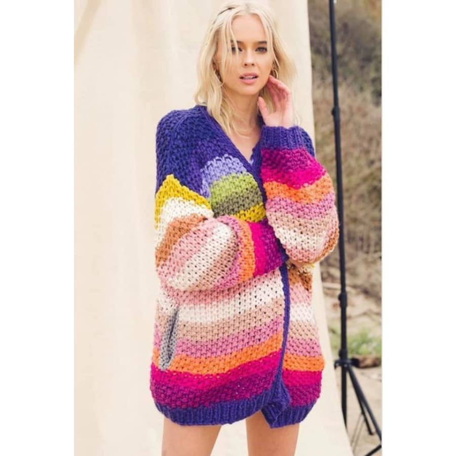 Listicle Hand Crochet Rainbow Stripe Loose Fit Cardigan
