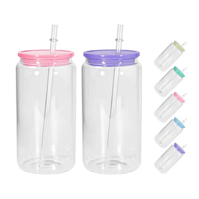 Clear Glass Tumblers with Coloured Acrylic Lids - 160z *IN STOCK*