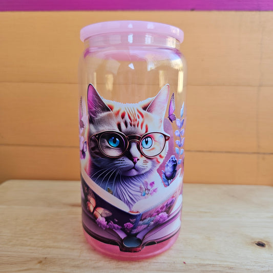 Cats & Book Pink Ombre Glass Tumbler - 16oz