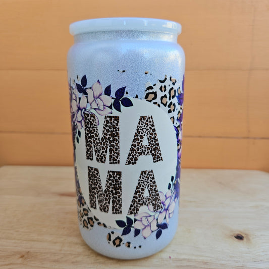 Mama Silver Glitter Glass Tumbler - 16oz