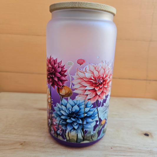 Rainbow Flowers Purple Frosted Ombre Glass Tumbler - 16oz