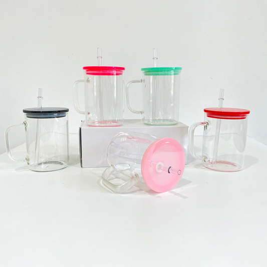 Glass Mugs with Handle & Coloured Lids - 17oz