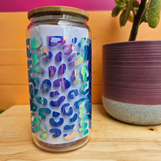 Iridescent Blue Leopard Glass Tumbler - 16oz