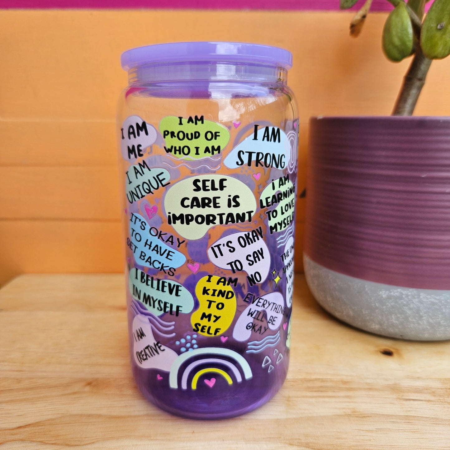 A Cup of Self Love Purple Ombre Glass Tumbler - 16oz